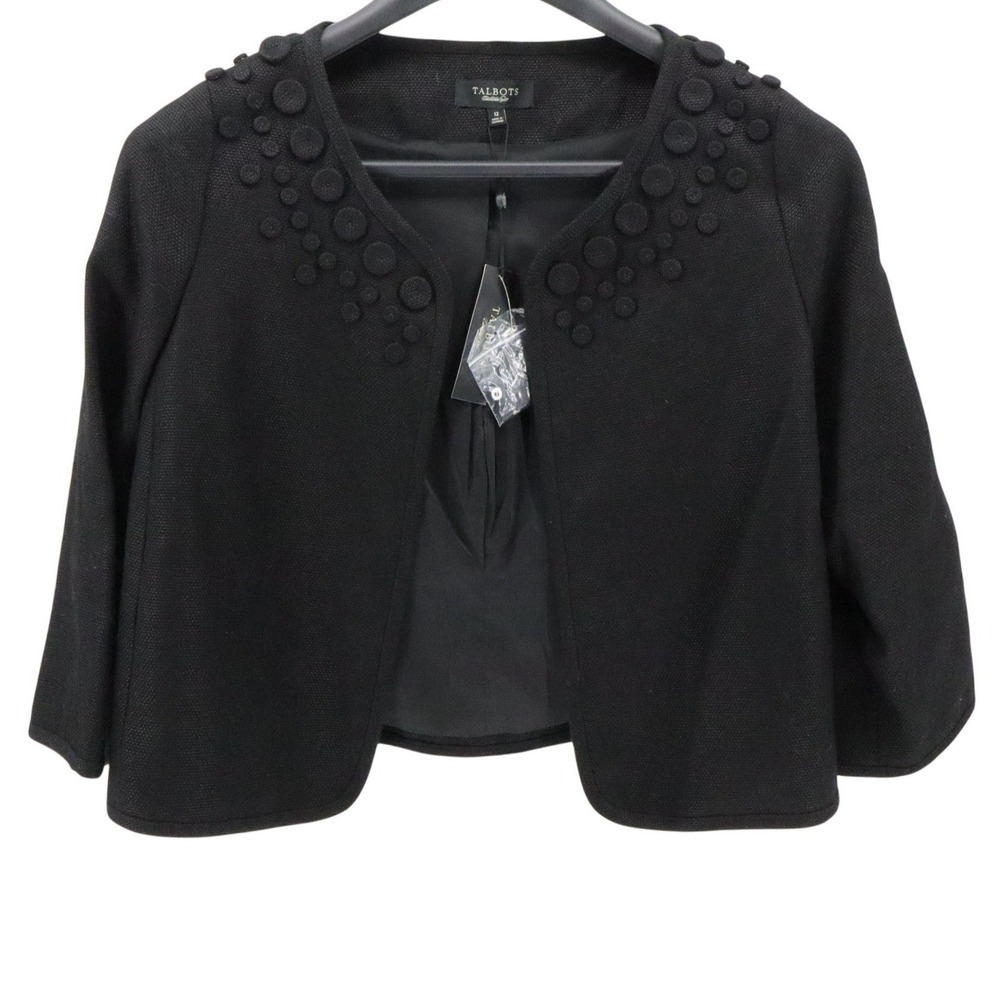 NWT Talbots Black Applique Cropped Bolero Jacket Linen Cotton 12 - Picture 2 of 6